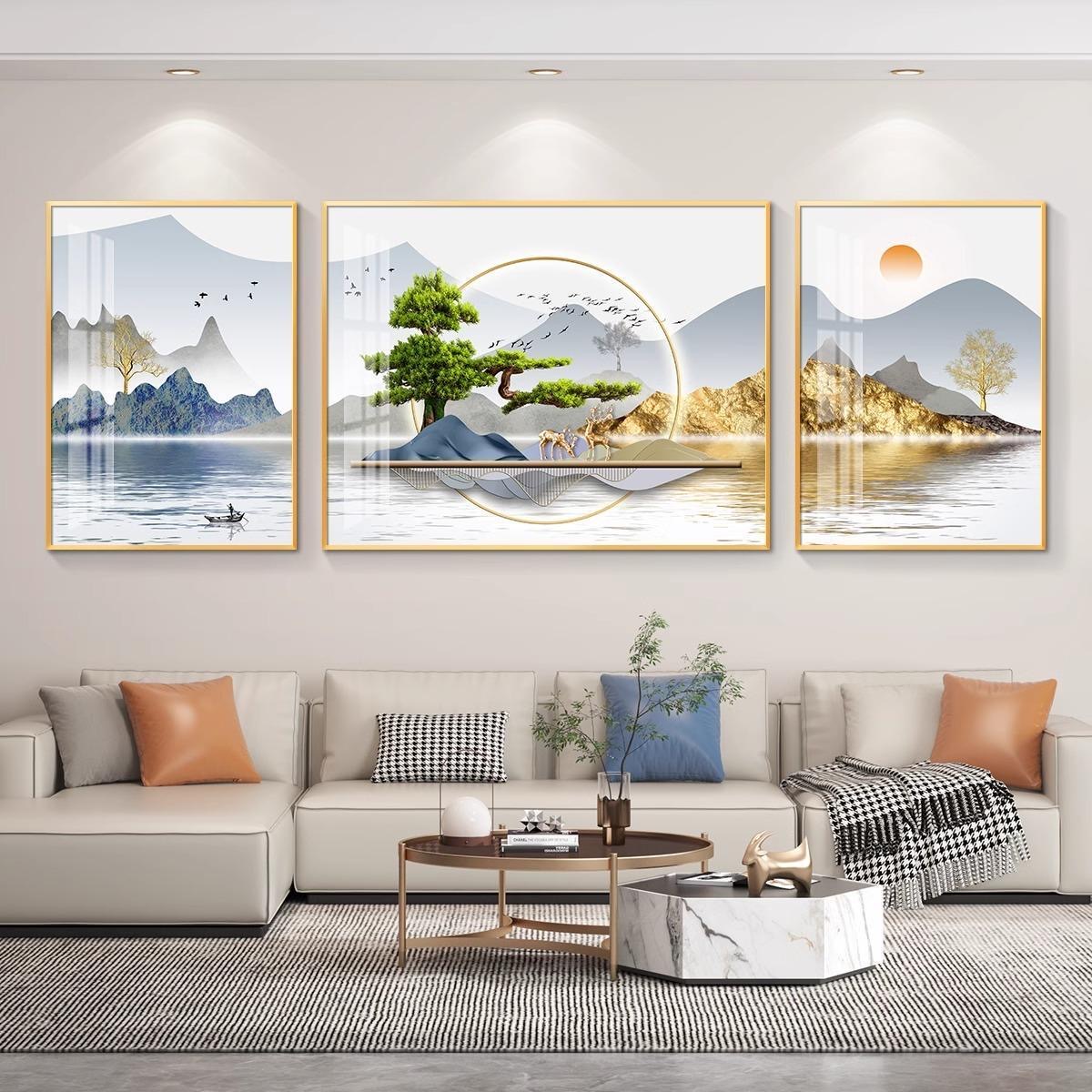 【迎客松】新中式迎客松山水画客厅沙发背景墙大气高端三联装饰画