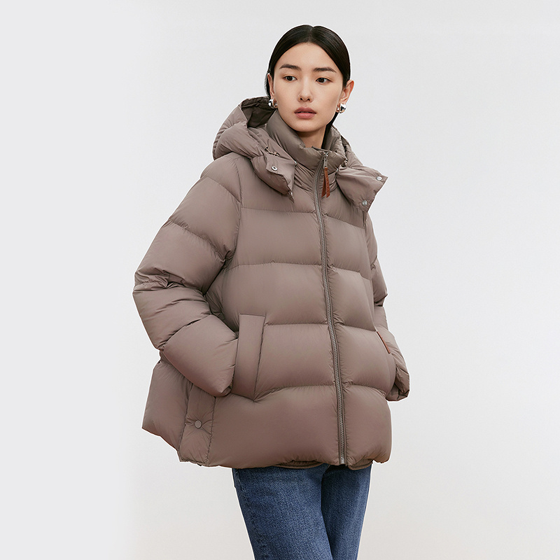 【90白鹅绒】朗姿/LANCY 2024冬新款短款立领A字连帽小个子羽绒服LC