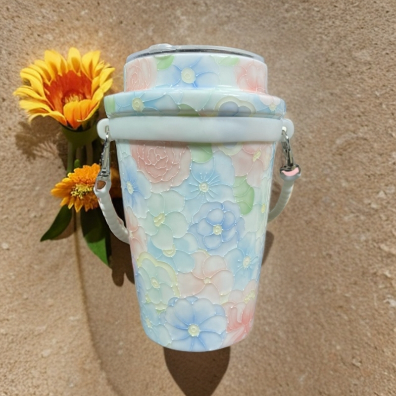 手绘釉下彩玉泥陶瓷紫色牡丹随行杯文创用品