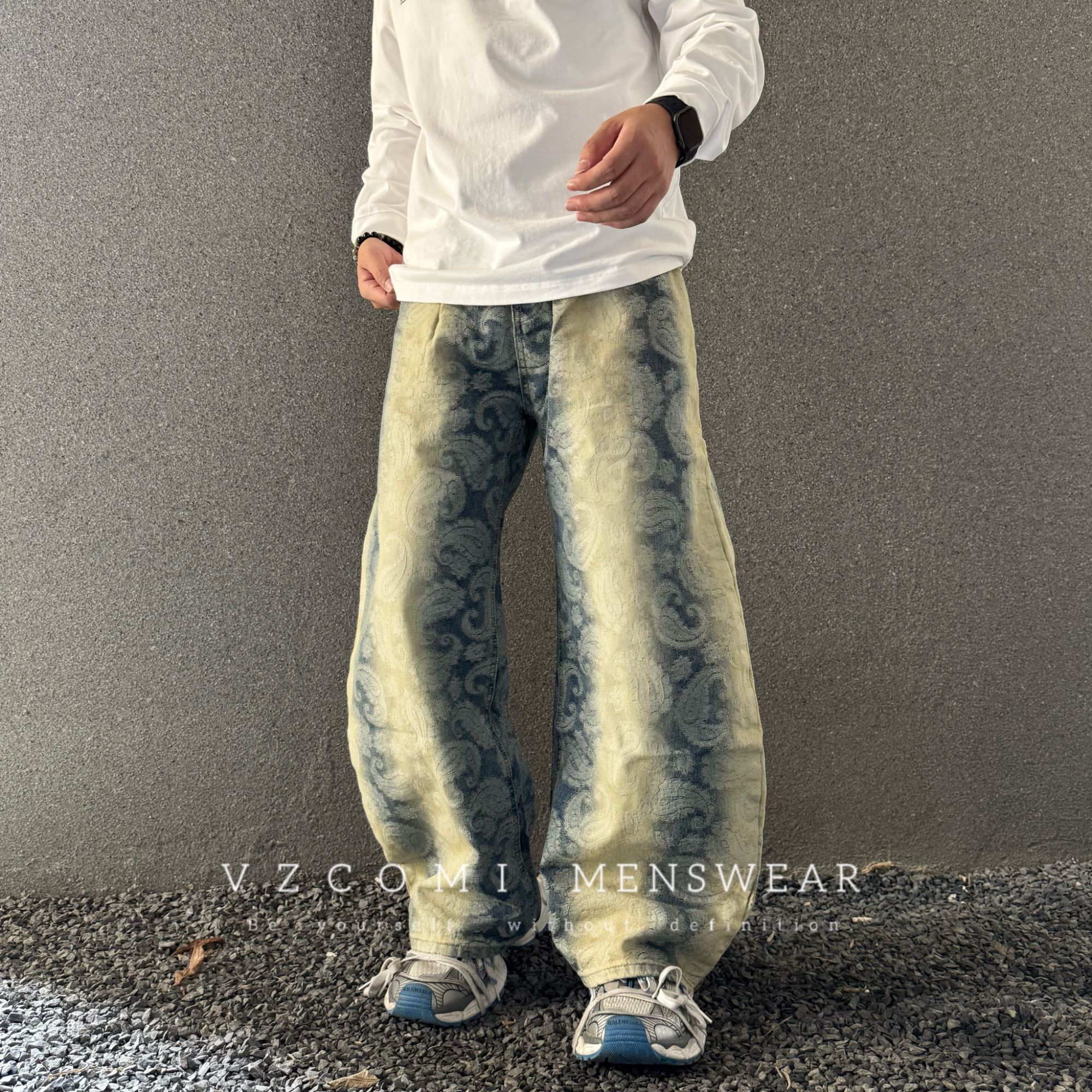 【阔腿弯刀裤】美式巴黎风阔腿牛仔裤嘻哈提花秋冬季高街长裤宽松