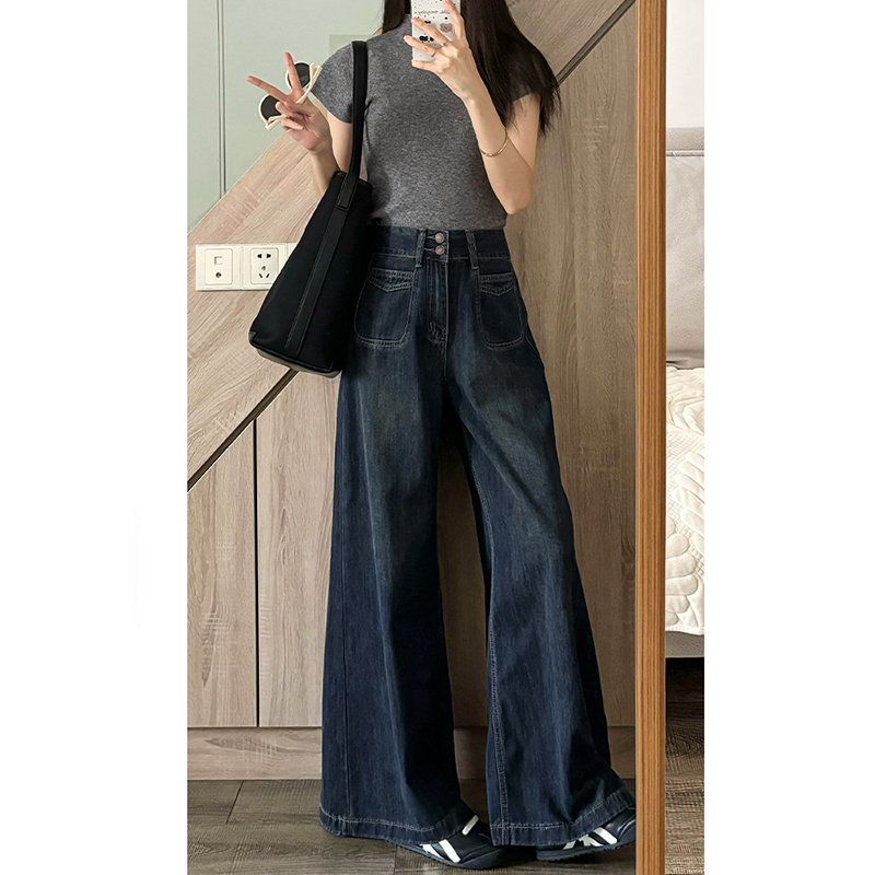 大码美式深蓝色阔腿牛仔裤女夏季新款宽松显瘦梨形身材直筒拖地裤