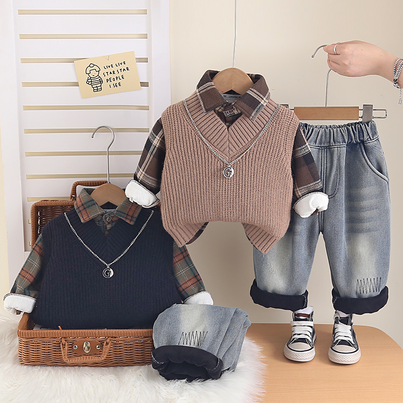 2025卡通动漫厚款套头格子男童春秋套装帅气衬衫加绒牛仔裤三件套