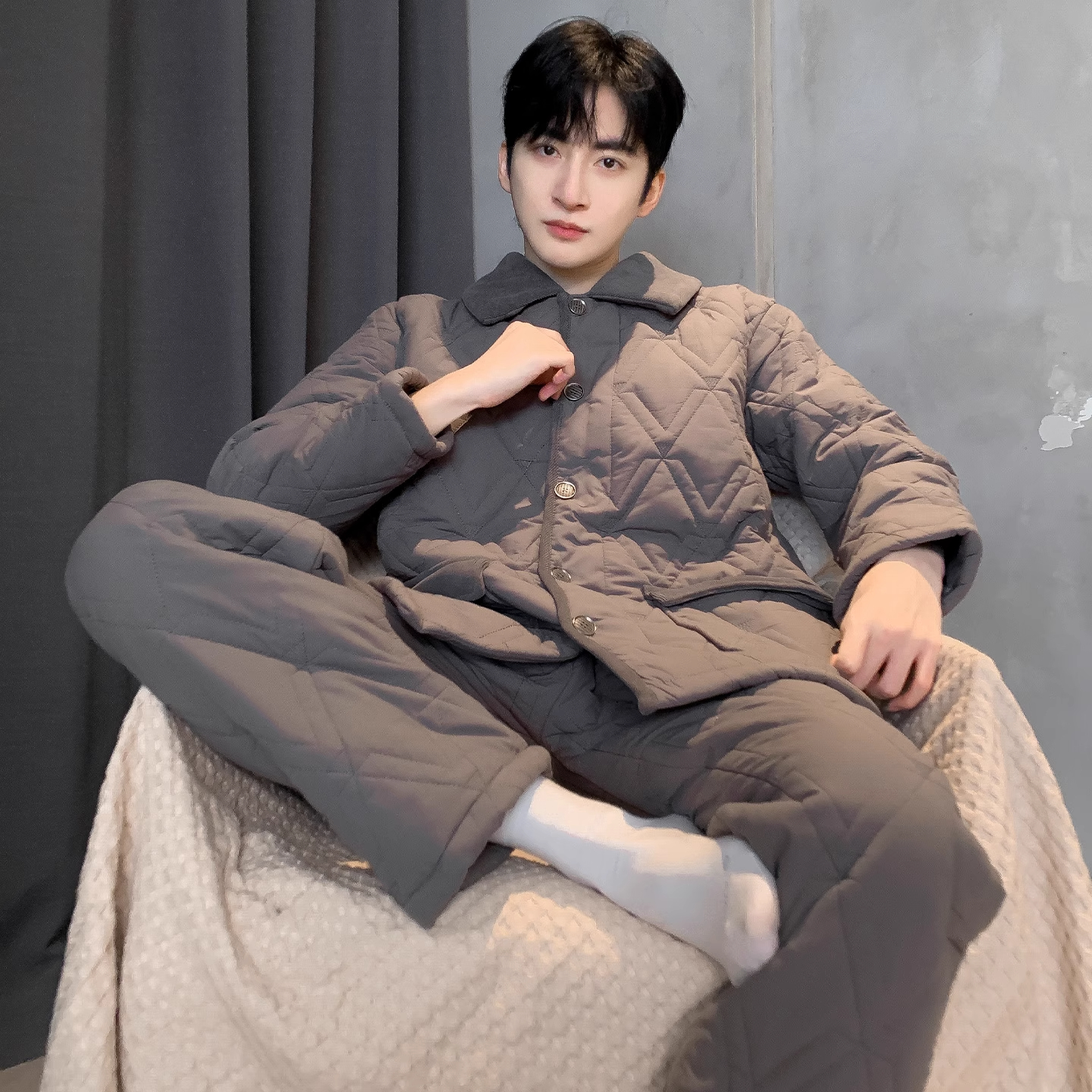 【抗静电】睡衣男士冬季三层加厚夹棉袄加绒纯棉冬款保暖大码家居服