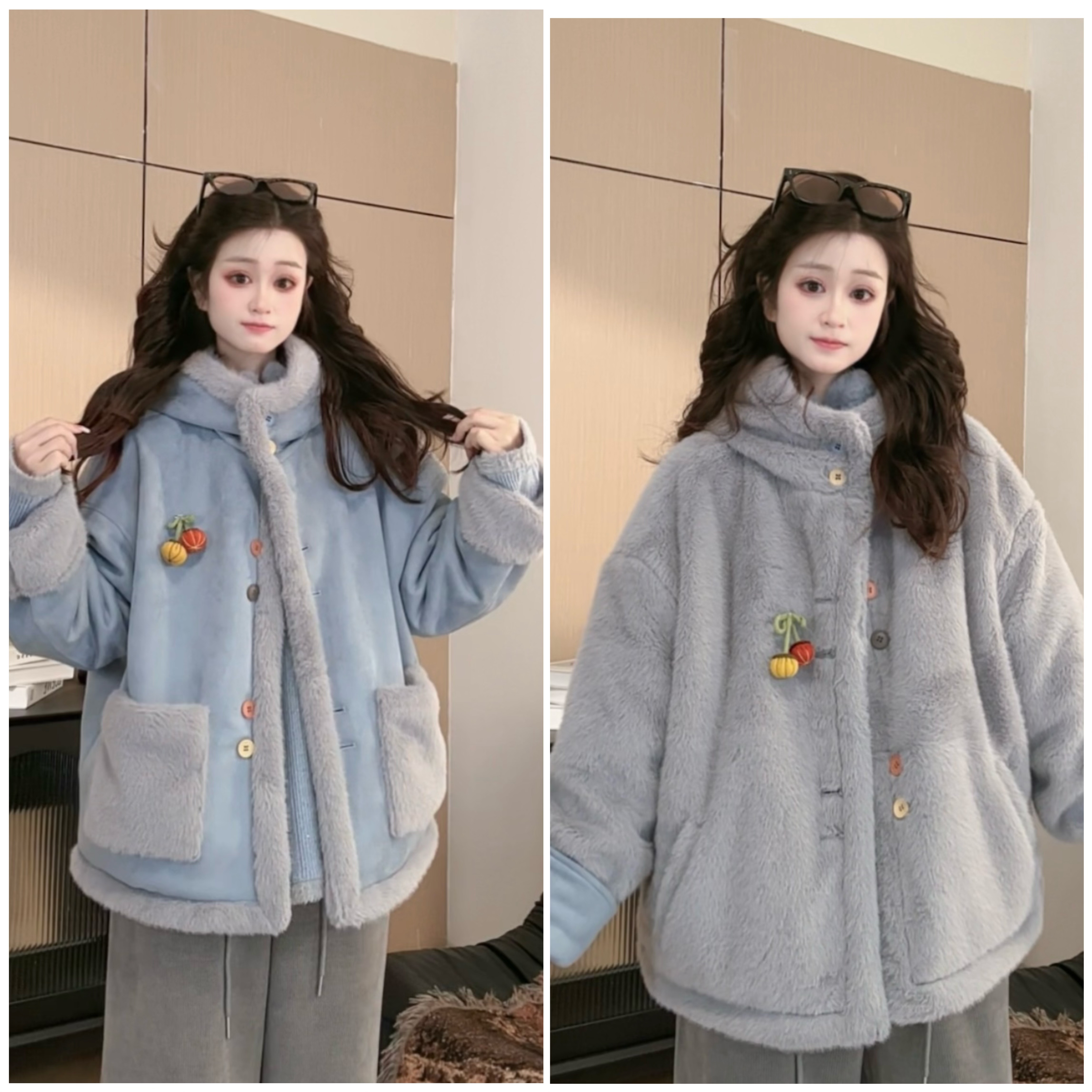 HUIERMAN/慧尔曼【正反两穿】冬款撞色加厚连帽外套+胸针【16397C款】