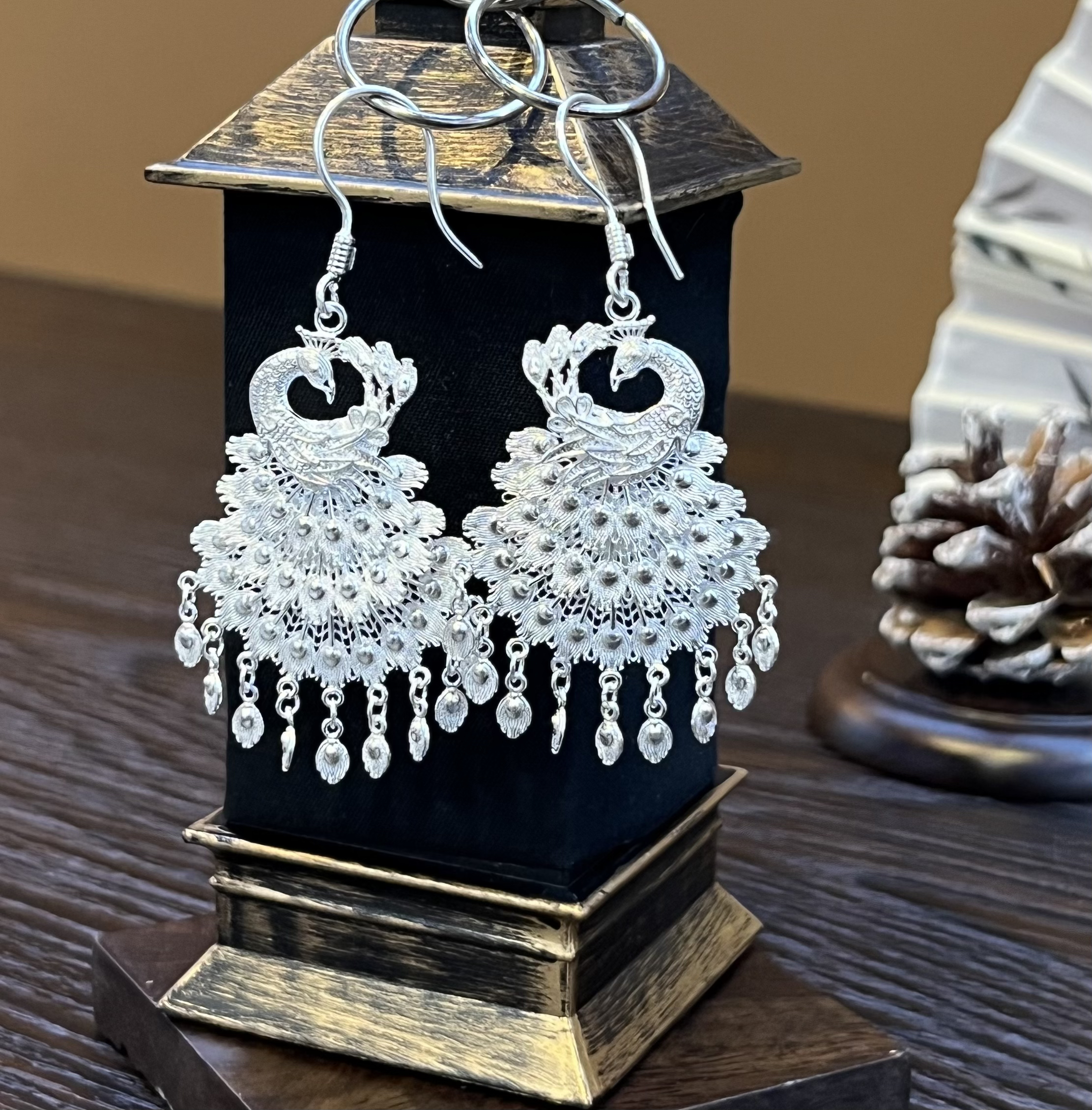 足银耳饰 苗族纯手工复古花丝流苏耳环素款耳坠足银民族长款气质