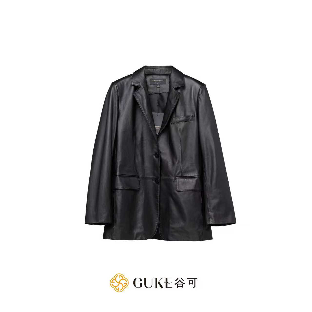 GKE/谷可PY0086时髦真皮西服外套2025秋季新款洋气黑色气质皮衣女