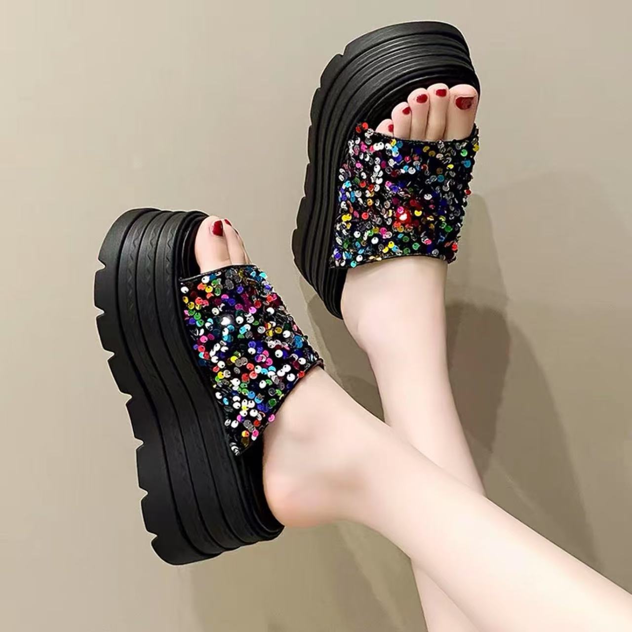 【ML】增高厚底拖鞋女外穿2025夏季新款小个子亮片休闲沙滩一字凉拖