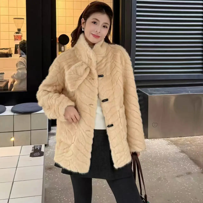 邹先森25639-29韩系时尚人字纹毛毛编织纽扣冬季保暖外套小香风