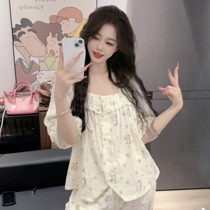 （碎花狗）夏季可爱显瘦宽松减龄中袖睡衣家居服韩版可外穿纯棉
