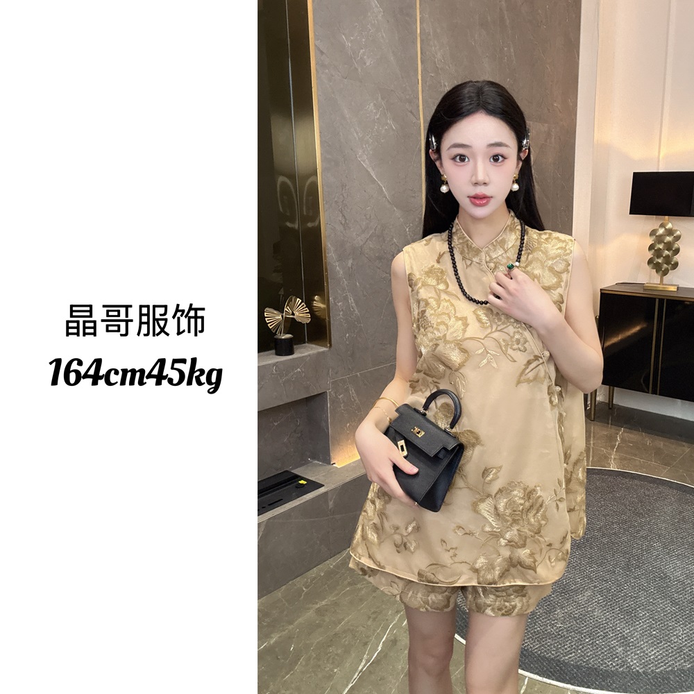 现货【诗情画意】新中式休闲提花刺绣暮云纱国风无袖上衣短裤套装