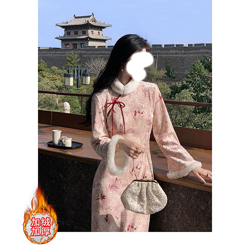 【绯烟-加绒】潇夫人自制粉色新中式改良旗袍冬季气质少女连衣裙