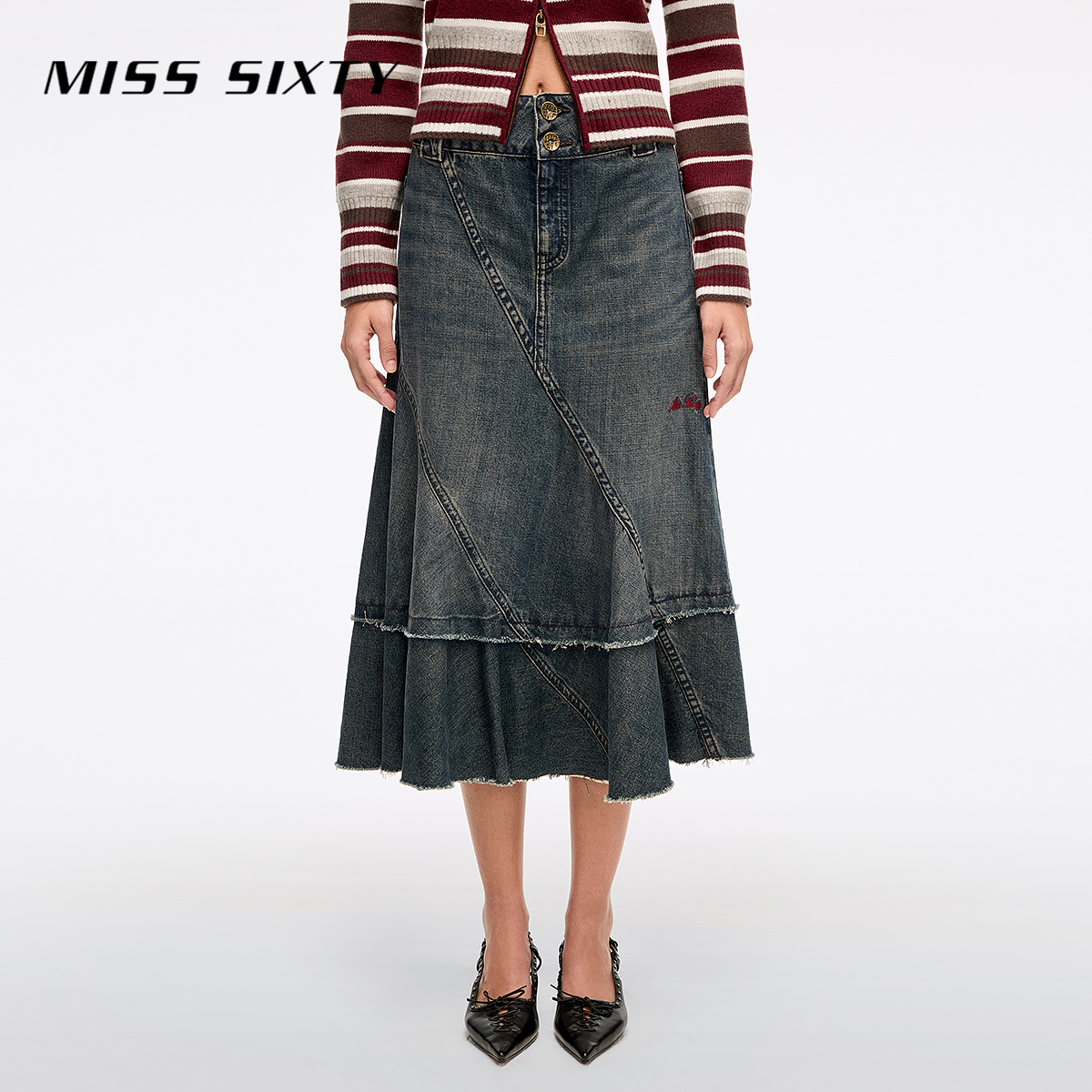 Miss Sixty2026春季新款牛仔半身裙女复古斜裁撕破标牌设计A字裙