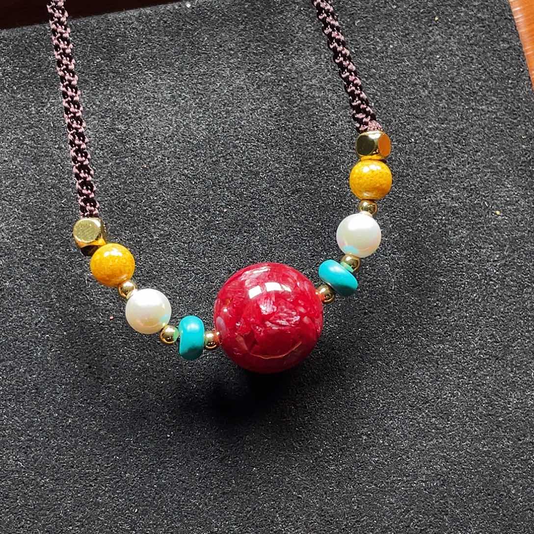 天然辰砂16mm晶体砂单珠项链