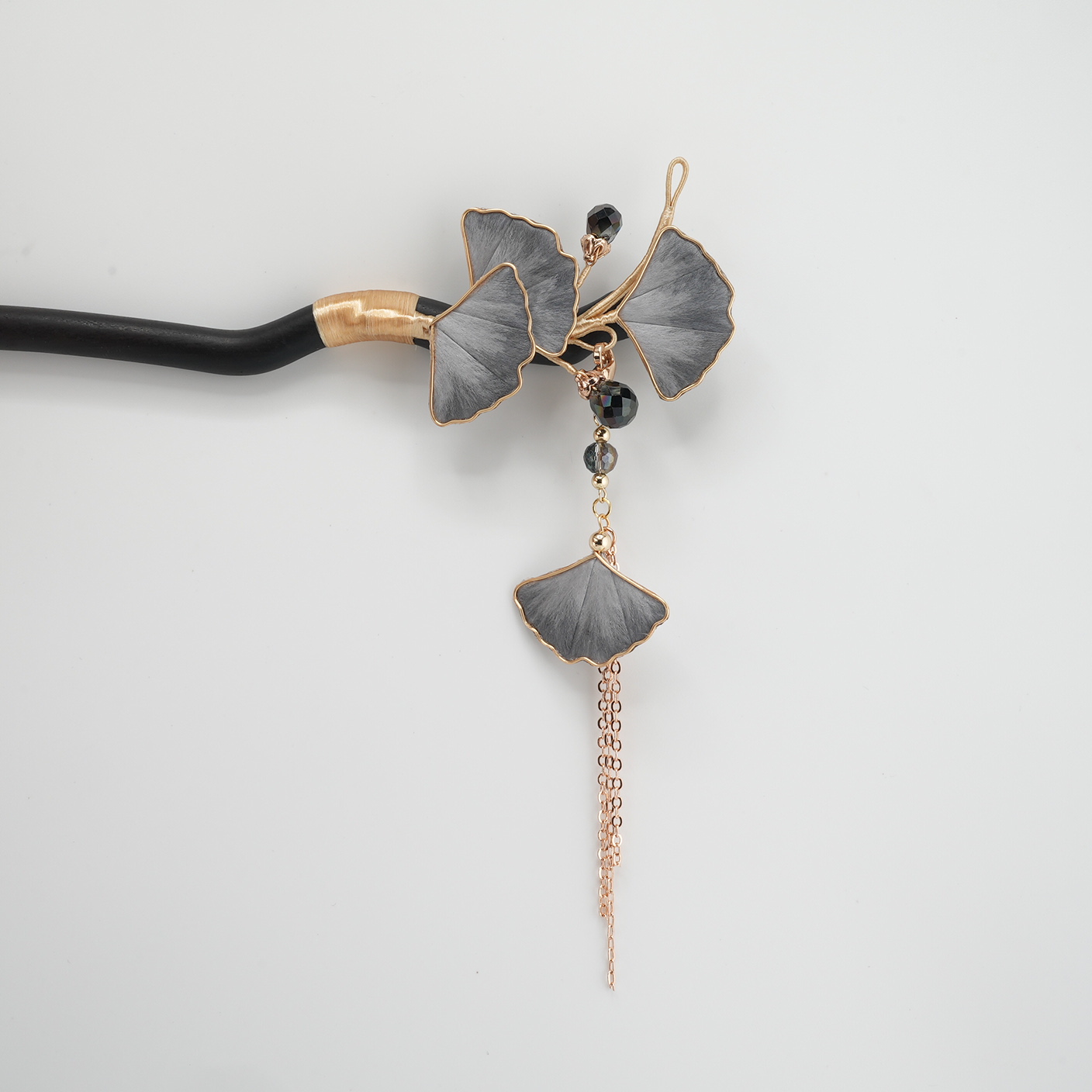 白壹北鼻【水墨色银杏】手工原创非遗绒花新中式汉服国风古风发饰