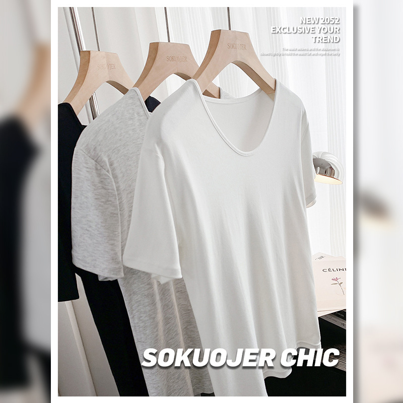 高品质鹅蛋领莫代尔T恤女大U领正肩短袖设计感打底衫宽松舒适上衣