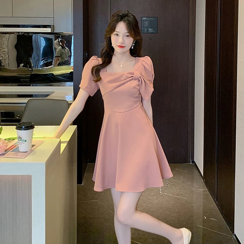 52412方领短裙短袖法式常规中裙连衣裙宴会晚礼服收腰名媛
