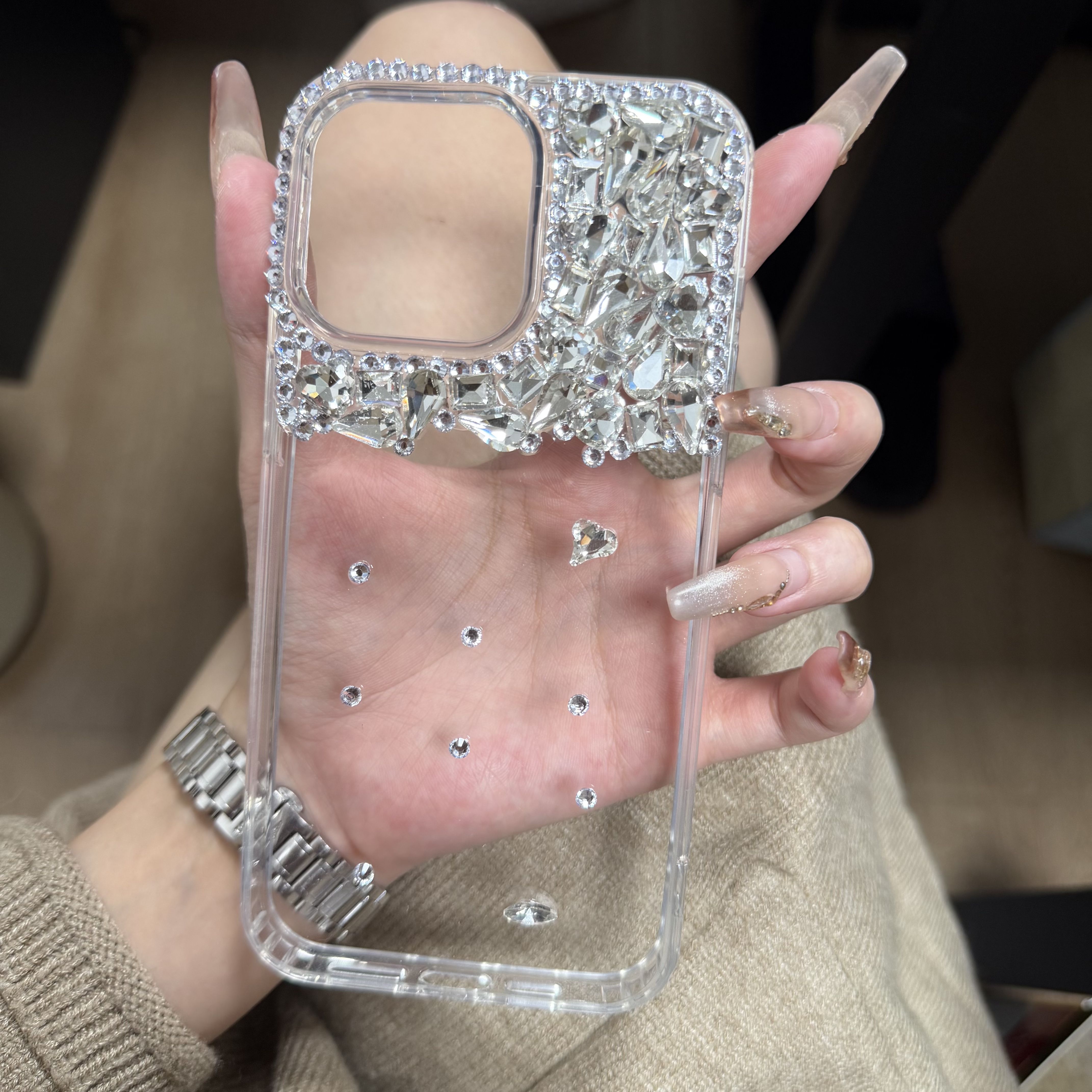 原创手作高透亚克力随意堆水钻适用于iPhone15/16/17promax壳