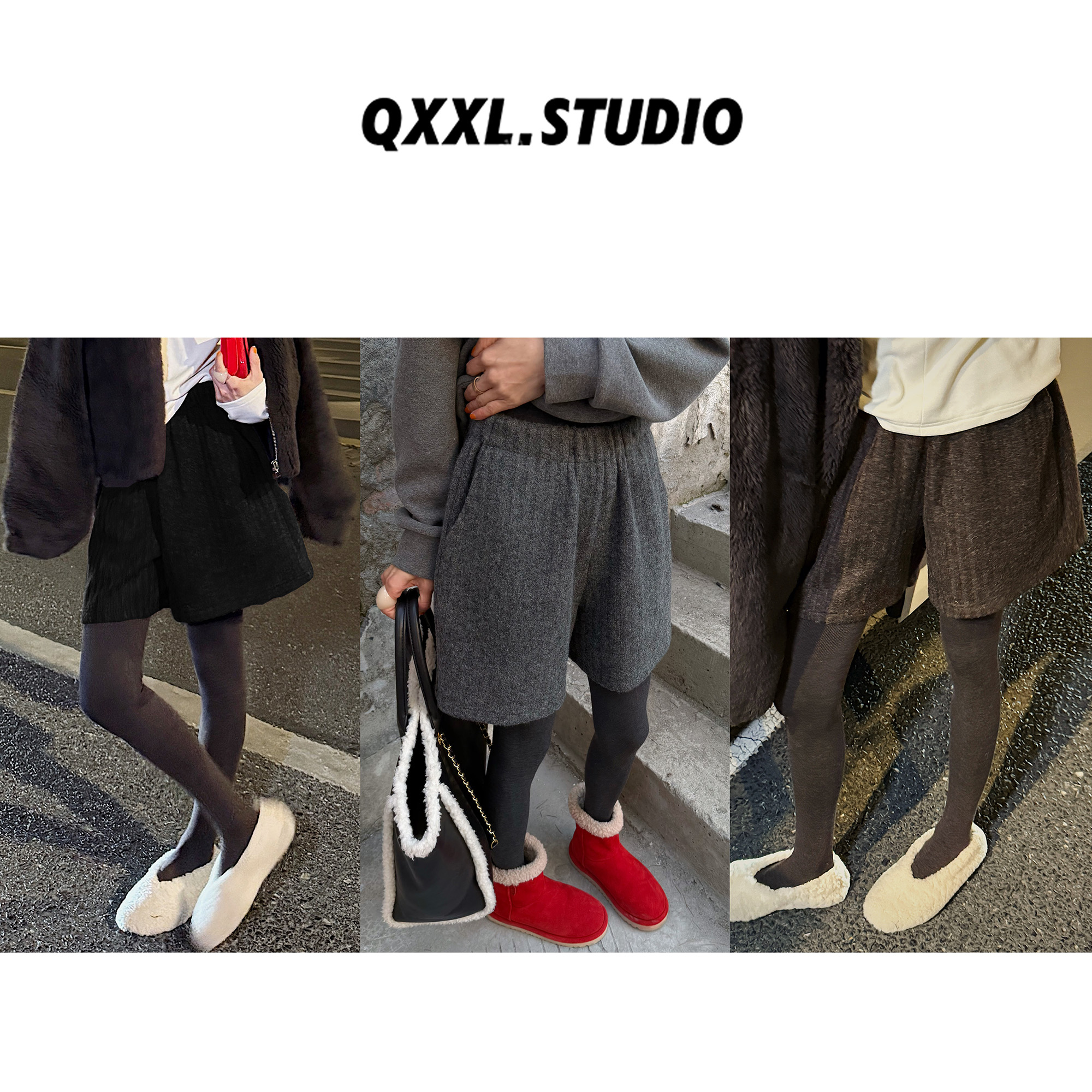 邱小小丽呀 冬季新款韩系羊毛加绒短裤女纯色百搭显瘦纹理阔腿裤