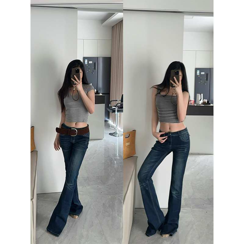 深蓝低腰微喇牛仔裤女2025夏季薄款美式不贴腿弹力辣妹直筒喇叭裤