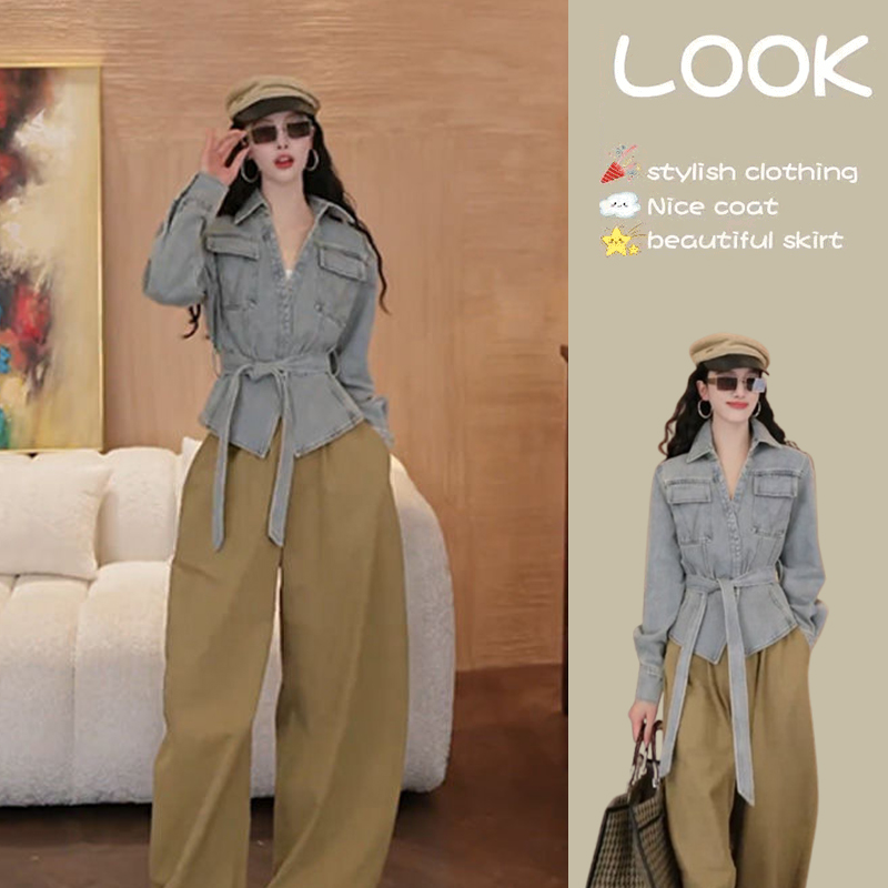 春季穿搭一整套女2025新款韩系美式复古牛仔外套显瘦阔腿裤两件套