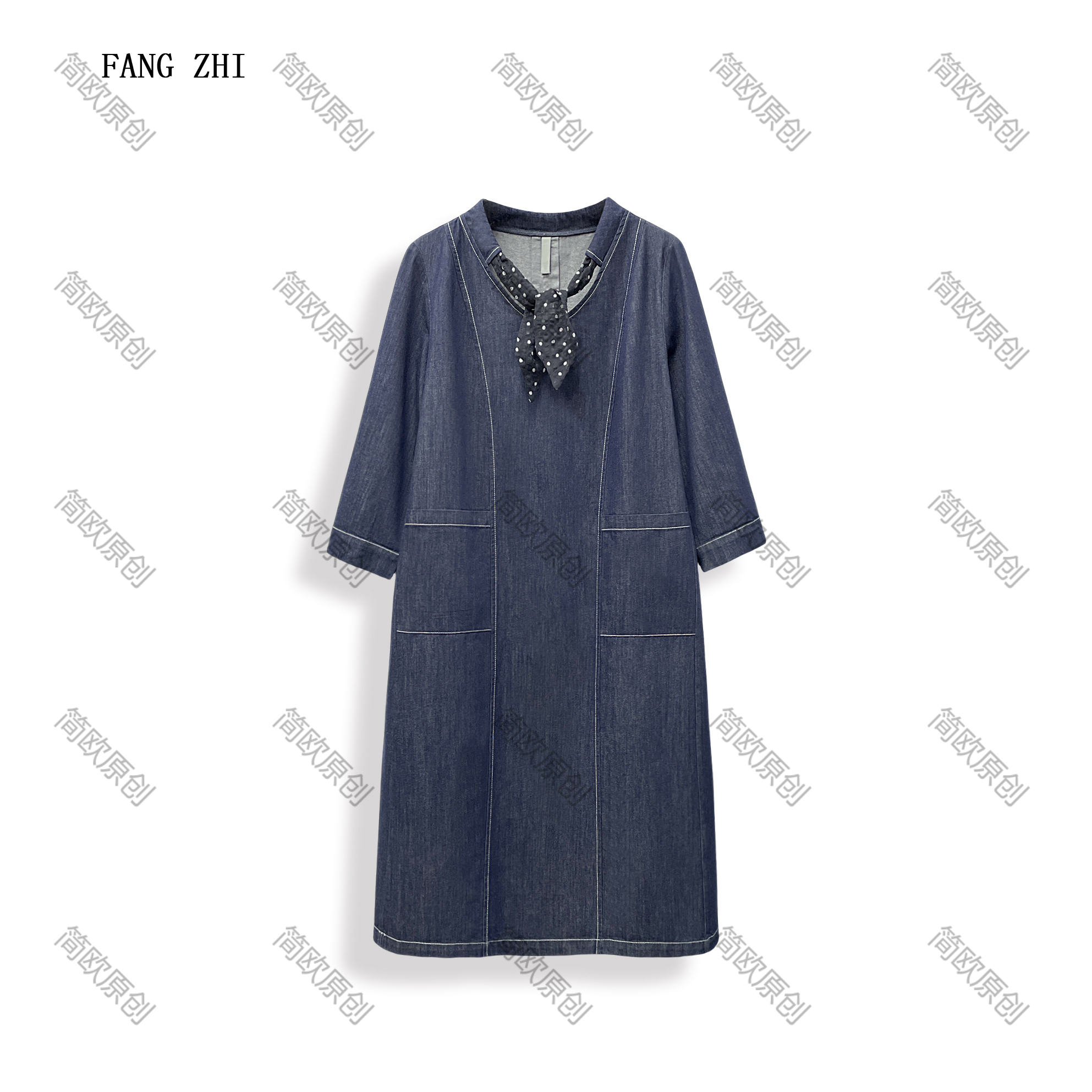 夏季新款牛仔连衣裙七分袖宽松丝巾V型领女装休闲显瘦中长裙D4605