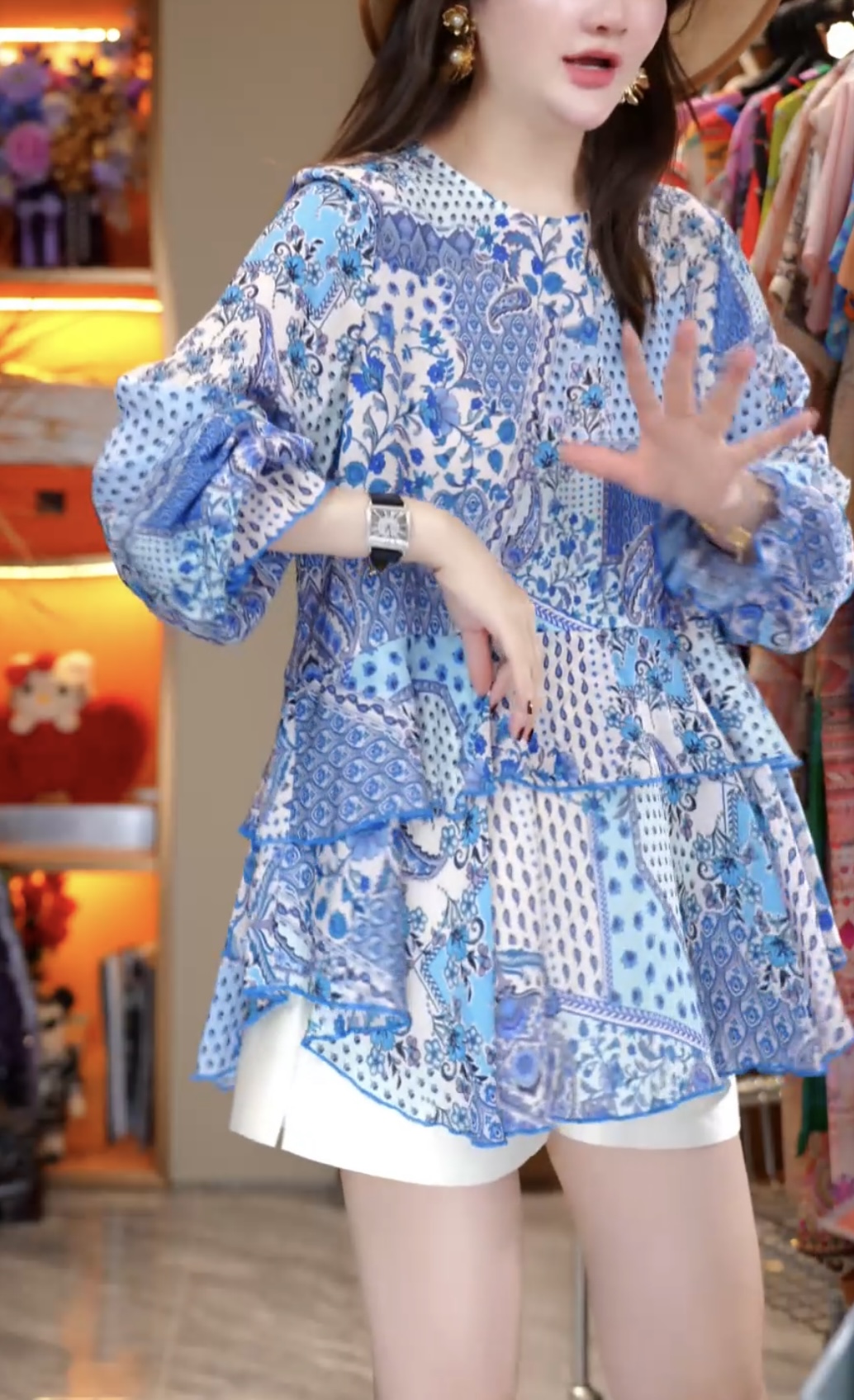 【丝芙玉禄】（A137）真丝双绉设计师蓝色图案拼接显瘦桑蚕丝衬衫上衣