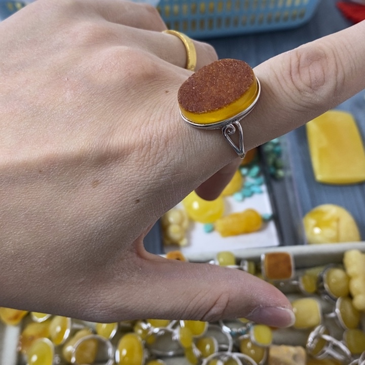 蜜蜡裸石银S925镶嵌戒指