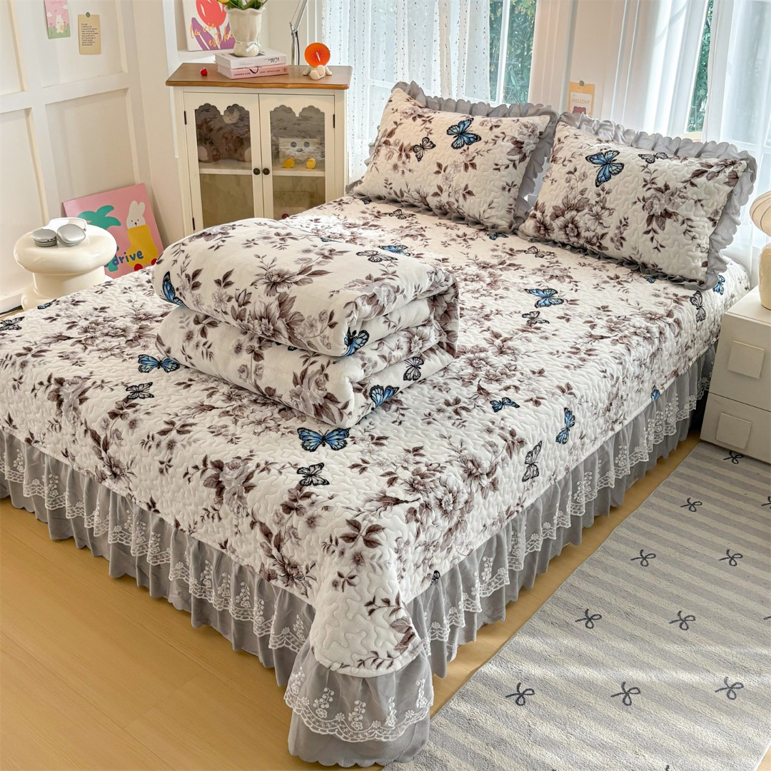 冬季四件套牛奶绒双面绒加绒加厚保暖床盖款三件套防滑防静电床盖