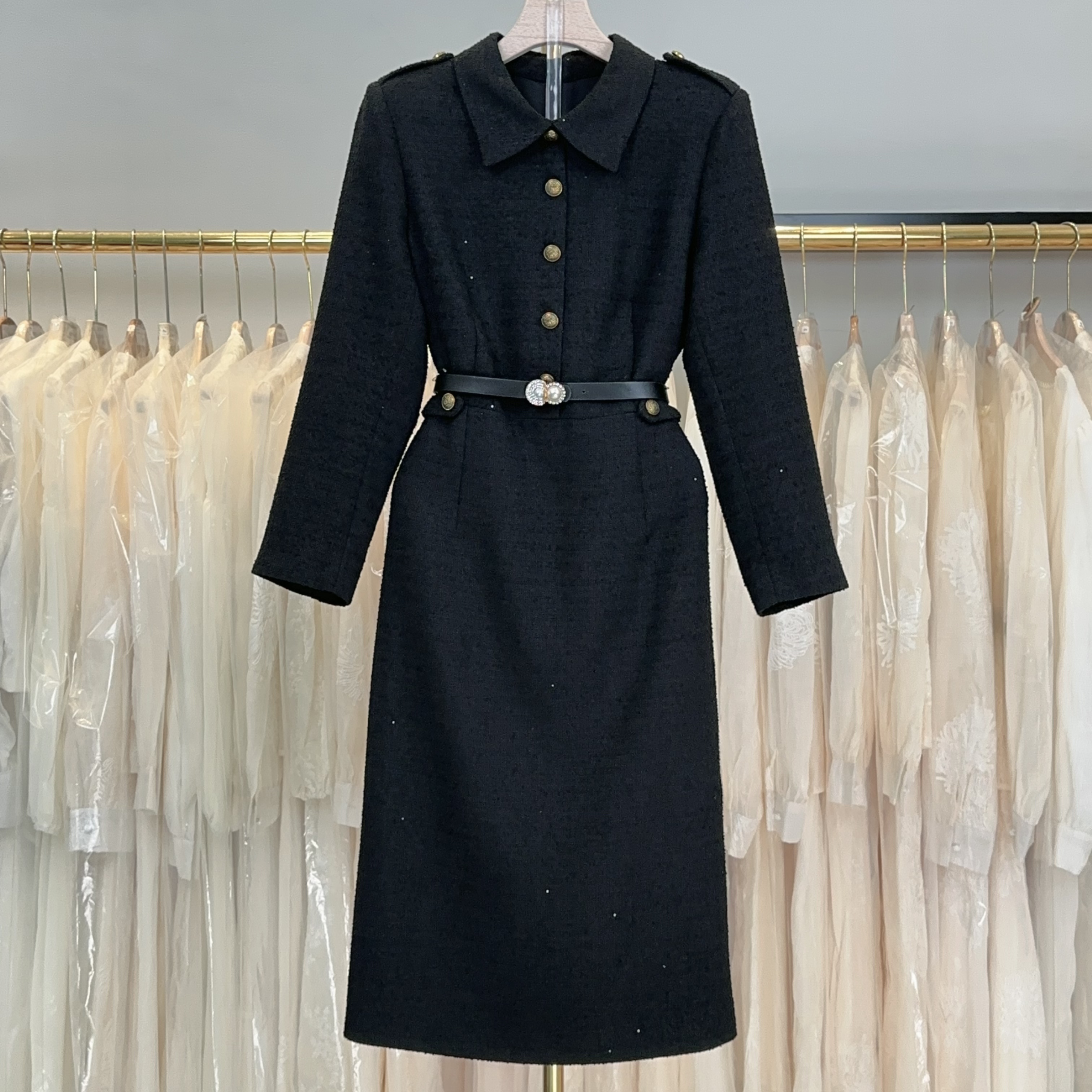 【RG5207】气质A字长裙拼接黑色长袖内搭修身连衣裙子女2025新款季