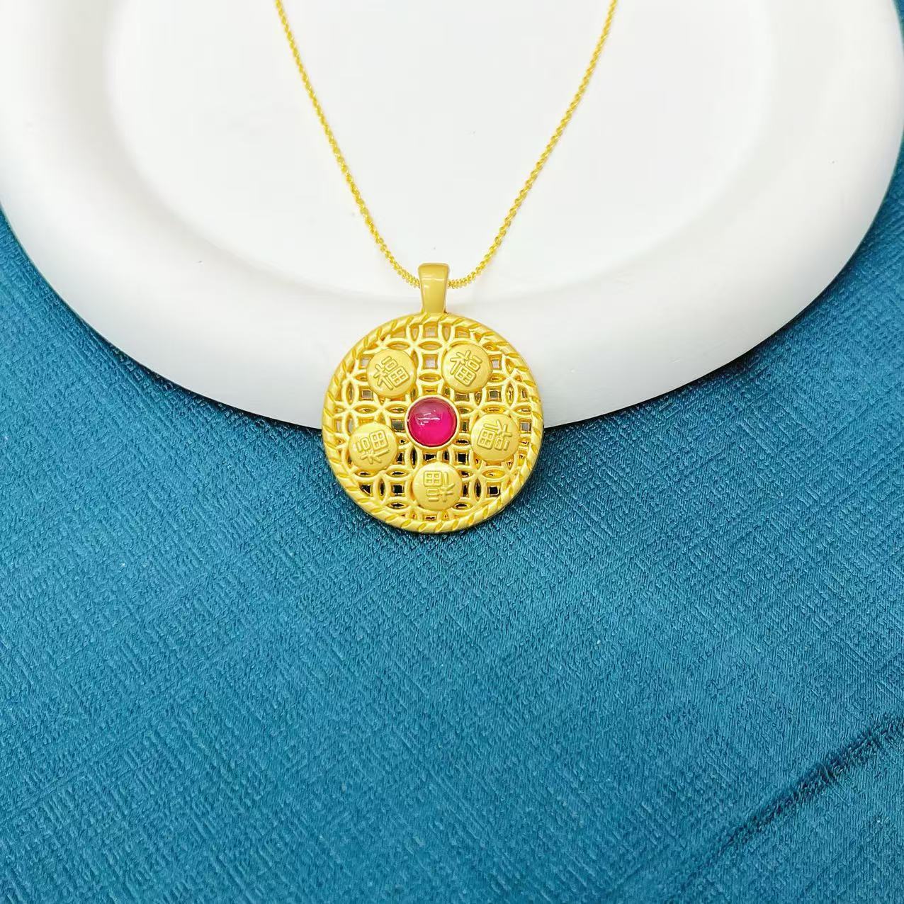培育红宝石【月亮专属】高端珠宝五福圆牌吊坠（赠链）S29