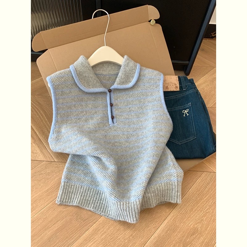 新款条纹马甲高货针织马甲背心女秋冬宽松叠穿无袖坎肩外搭上衣