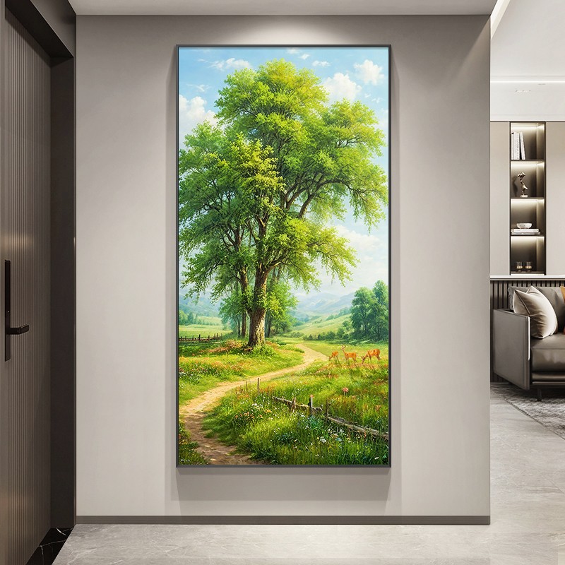 绿色风景手绘油画玄关装饰画现代轻奢风景画美式入户走廊过道挂画