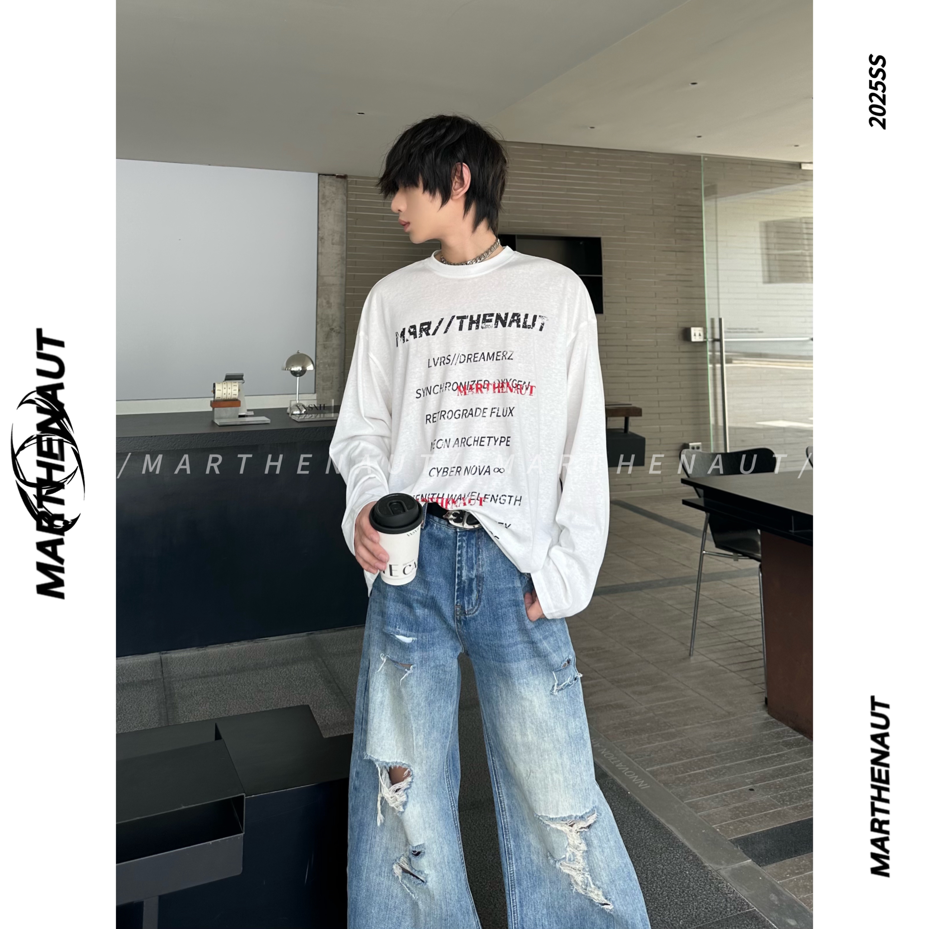 MARTHENAUT原创网纱微透长袖字母印花T恤薄款复古简约圆领上衣夏