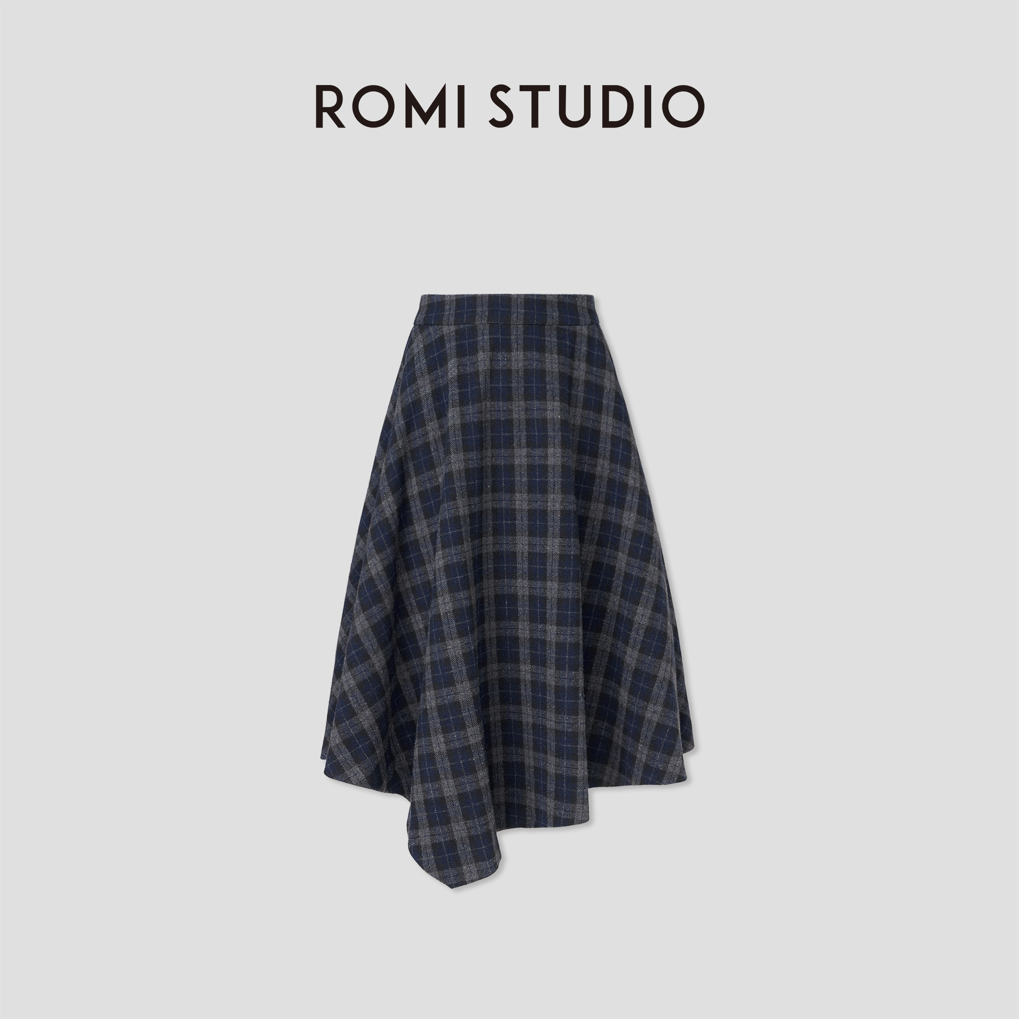 ROMI STUDIO“经典复古”绵羊毛混纺不规则磨毛格纹A字半裙431X6102