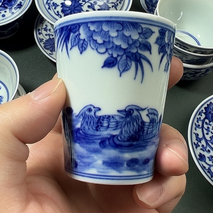 景德镇纯手工手绘柴窑鸳鸯戏水小可乐