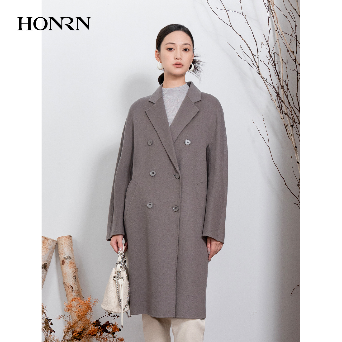 HONRN/红人气质双排扣羊毛双面呢大衣女冬HI55OD857
