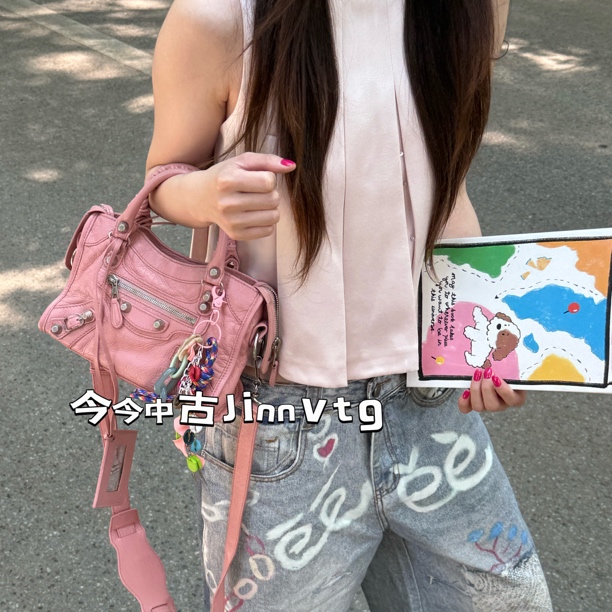 95新 Balenciaga/巴黎世家 粉银mini机车单肩斜挎包