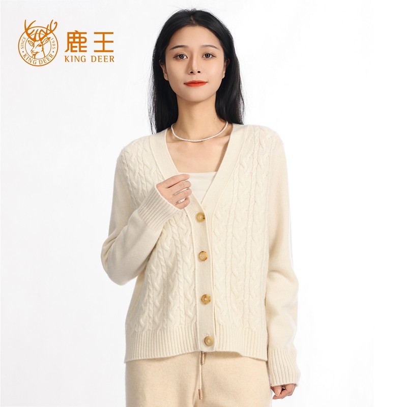 鹿王24秋冬新款女V领100山羊绒休闲绞花针织开衫 加厚 20248209