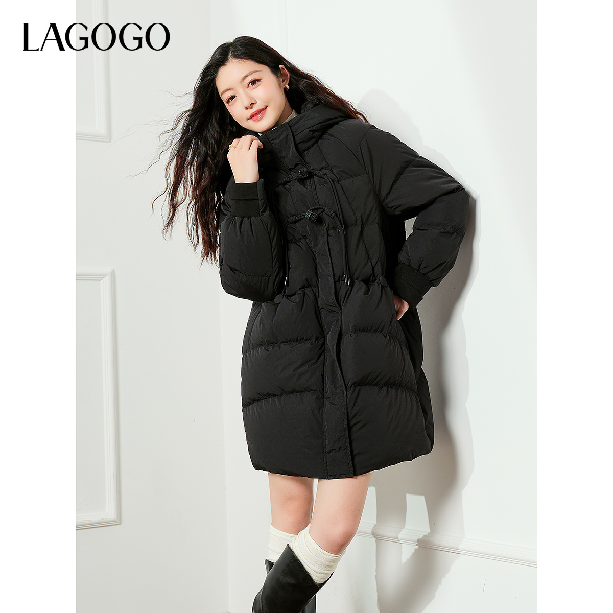 lagogo拉谷谷年新款连帽显瘦新中式保暖羽绒服女NCYY33XC58