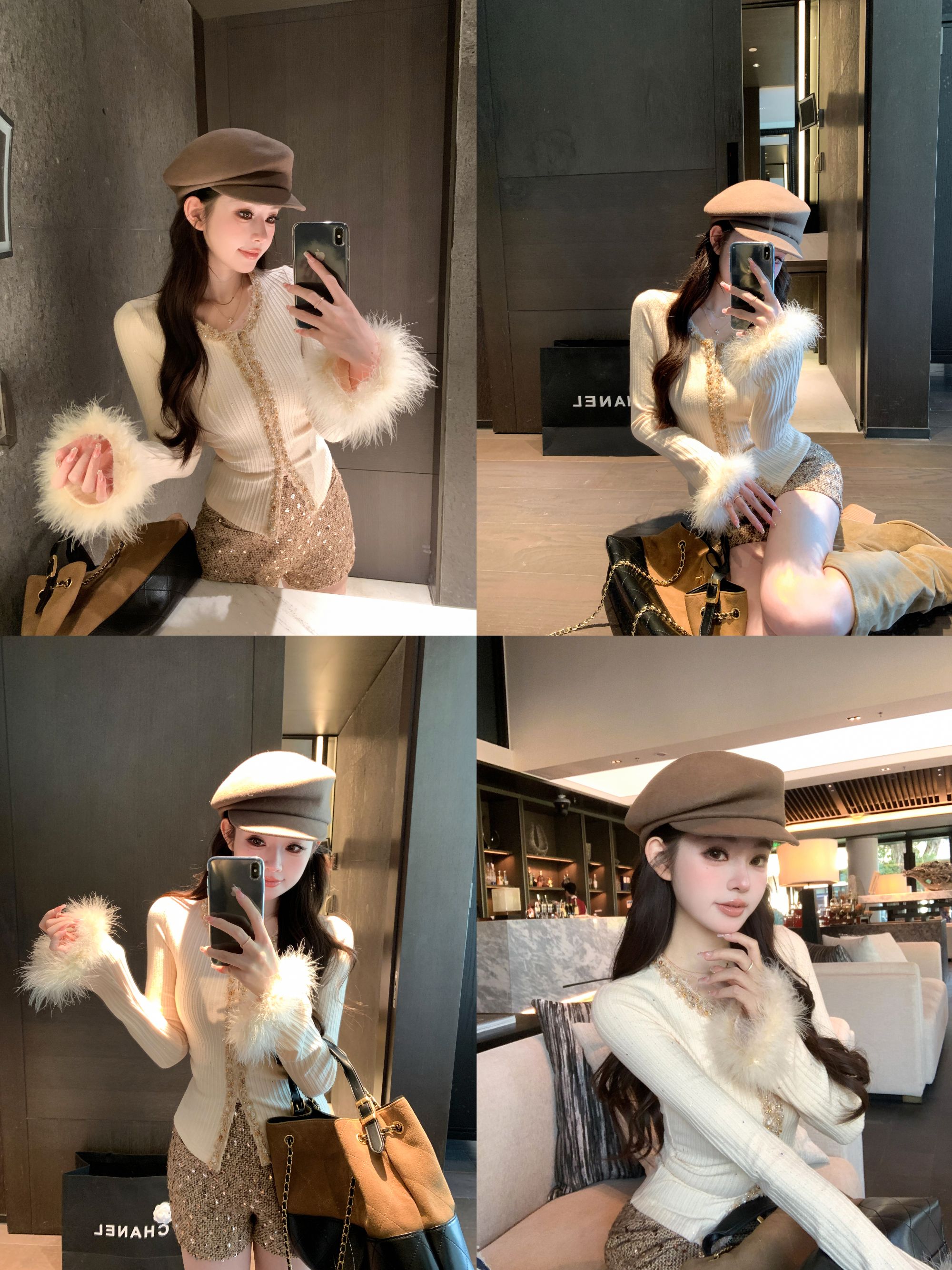 W1han 秋冬气质小香风亮片拼接毛毛袖长袖针织上衣 900147