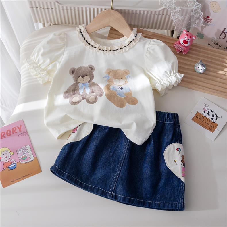 女童夏款可爱小熊印花泡泡短袖女宝新款甜美侧面贴布牛仔短裙套装