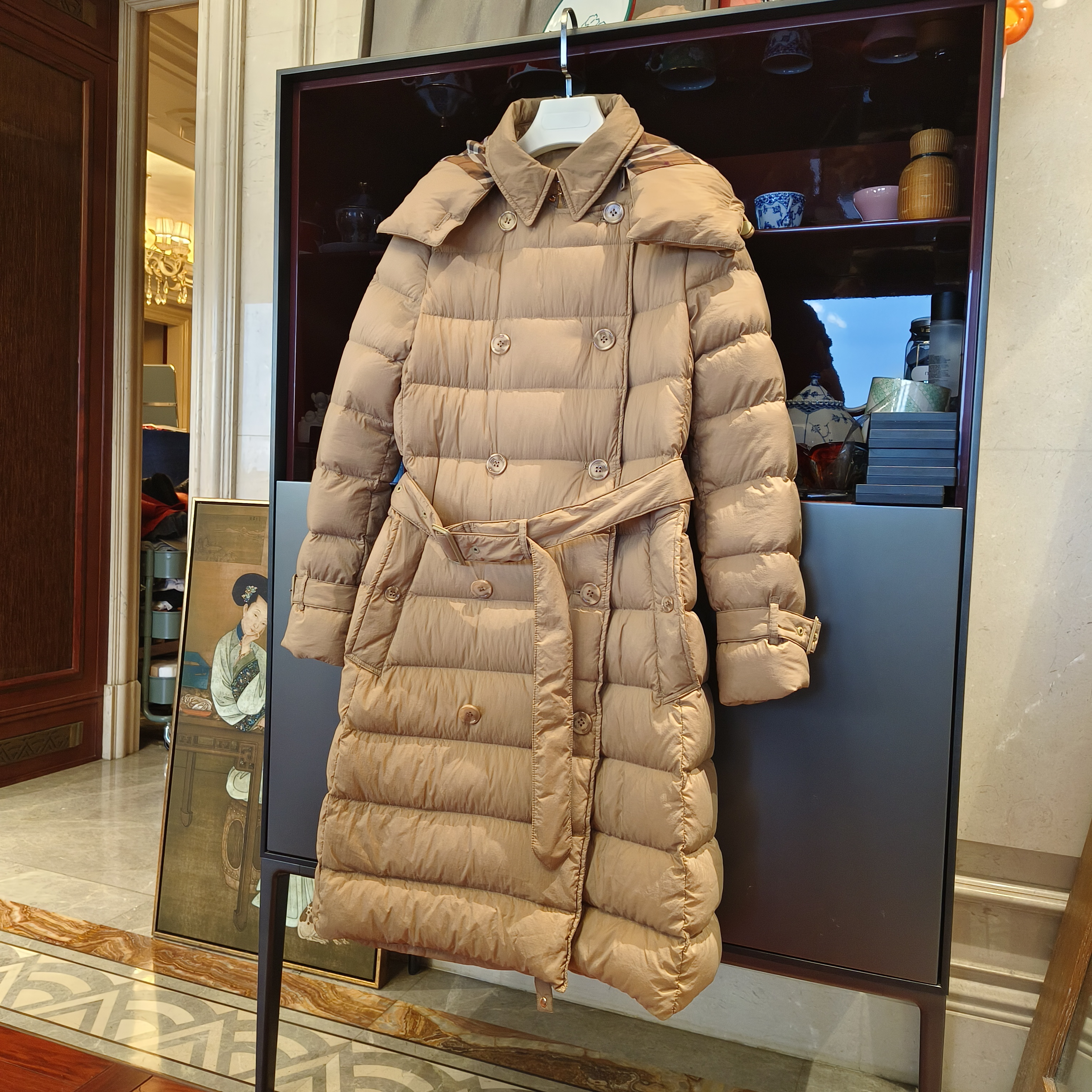 MYL 锦纶卡其色鹅绒羽绒服2023冬连帽长袖双排扣纯色长款外套  