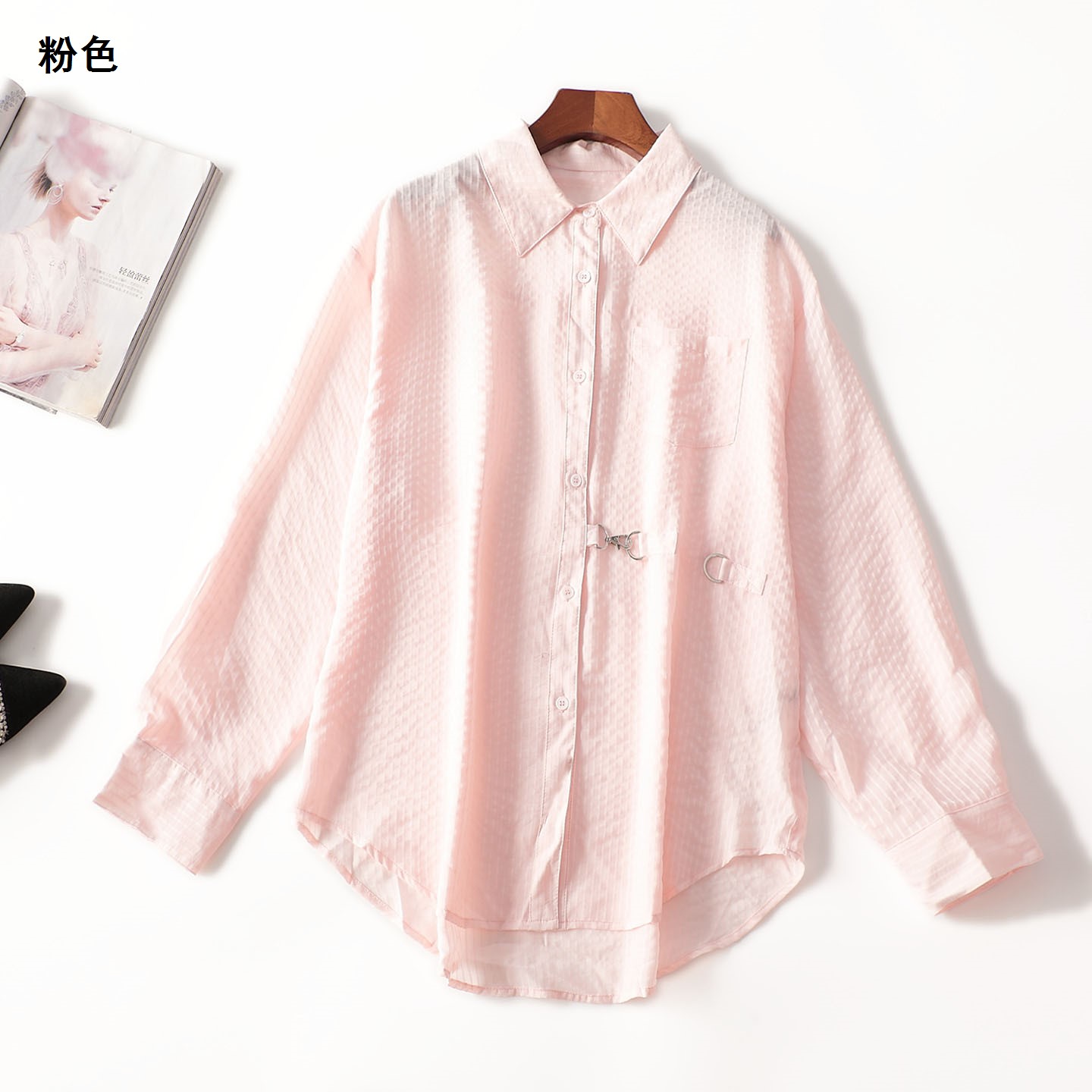411594秋中长款长袖翻领衬衫上衣衬衣