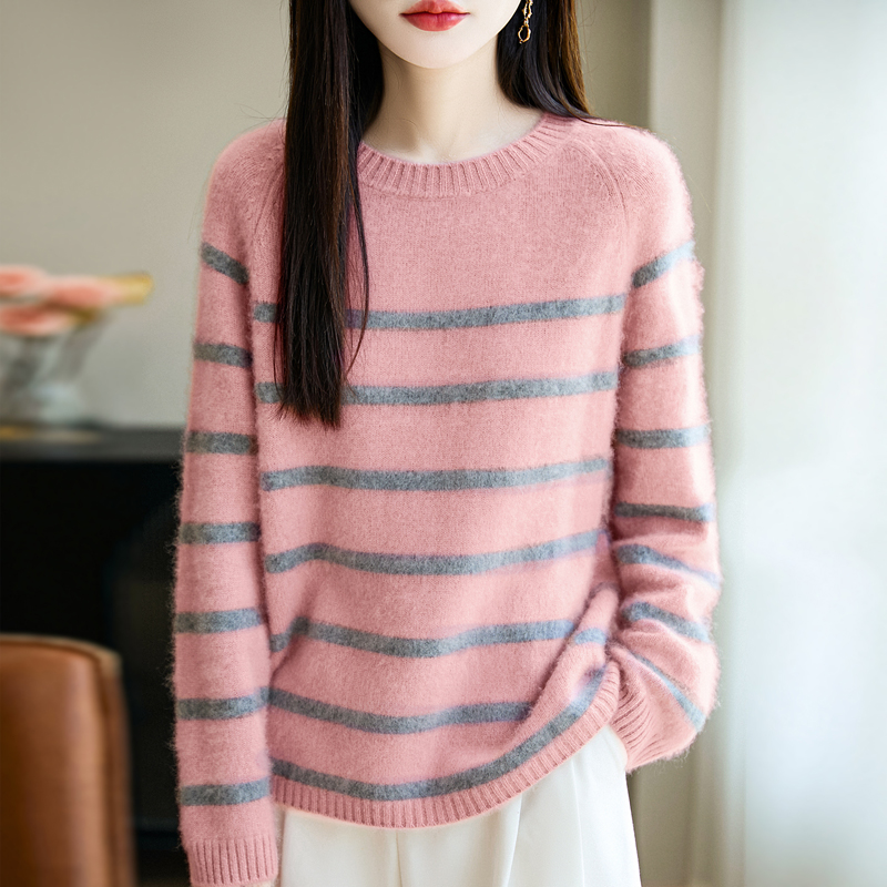 韩系撞色条纹纯羊毛翻领毛衣女秋冬季奶fufu慵懒风高领针织衫上衣