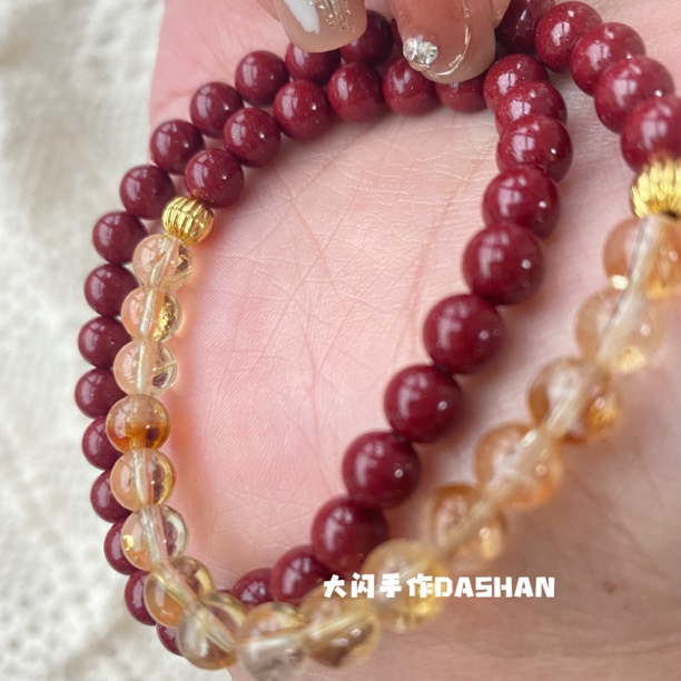 【一枕日红】天然朱砂+黄塔晶双圈手串 大闪原创