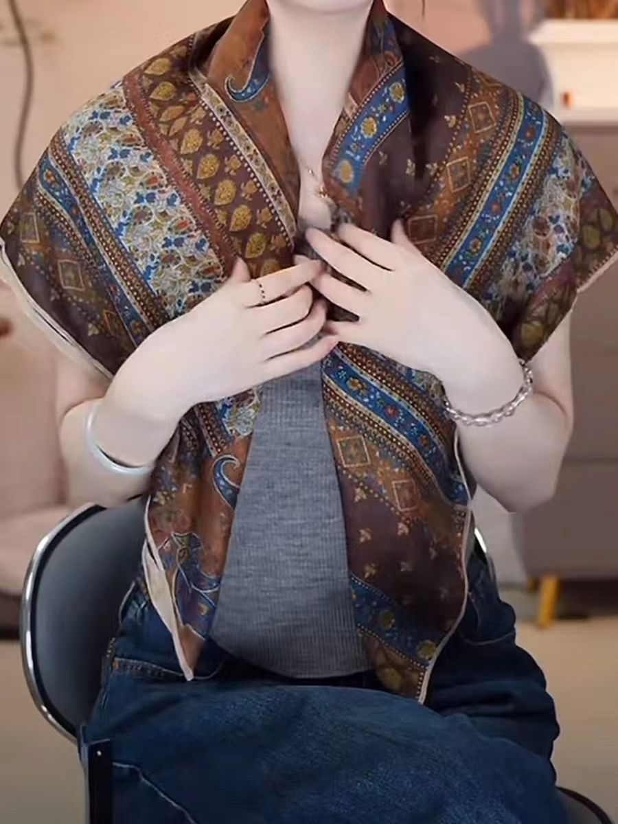 【墨香蔓影】90*90双面异色新款棉麻质感双面方巾女时尚百搭装饰