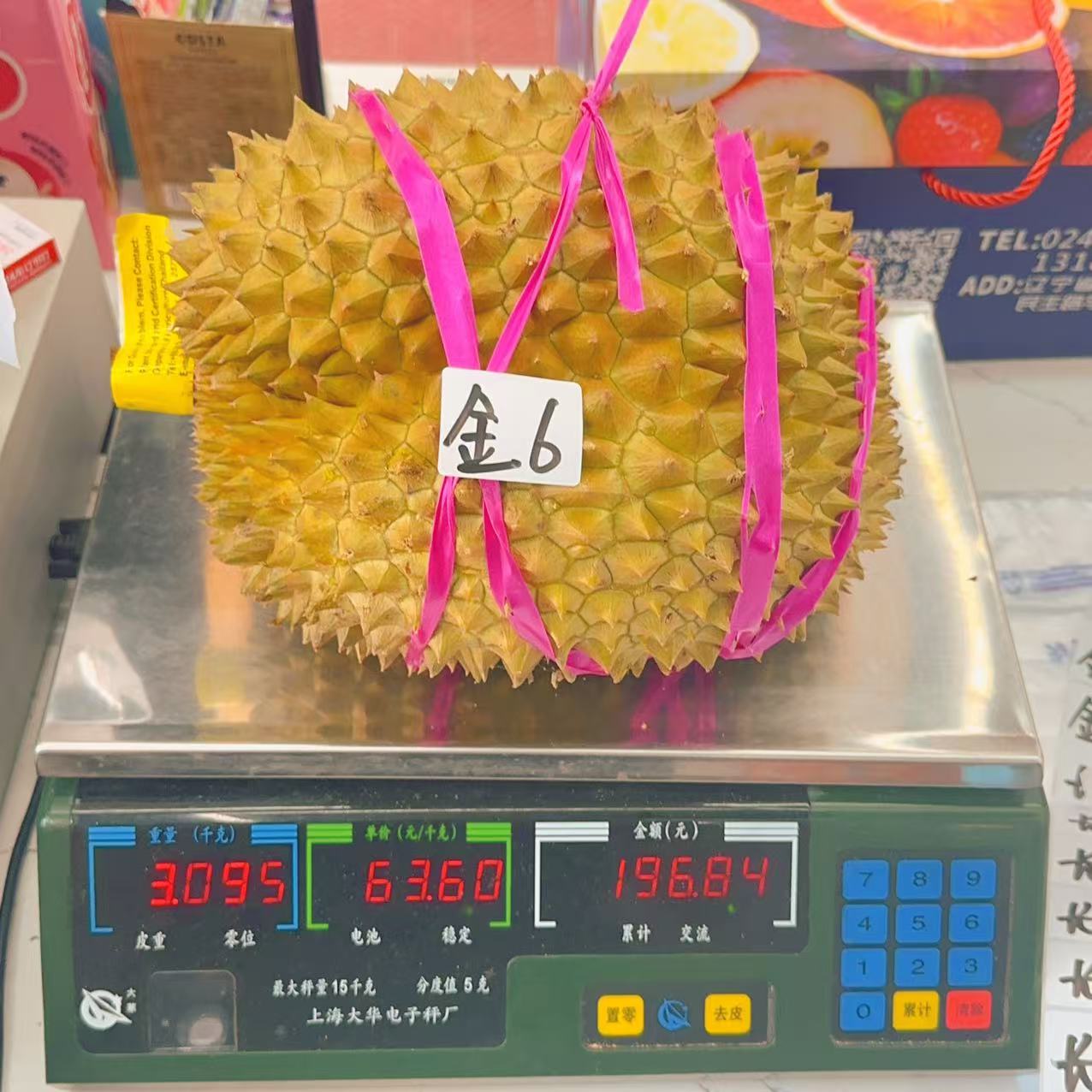 新鲜榴莲 金枕榴莲 6号 3.095kg 干包五房核小金枕泰国