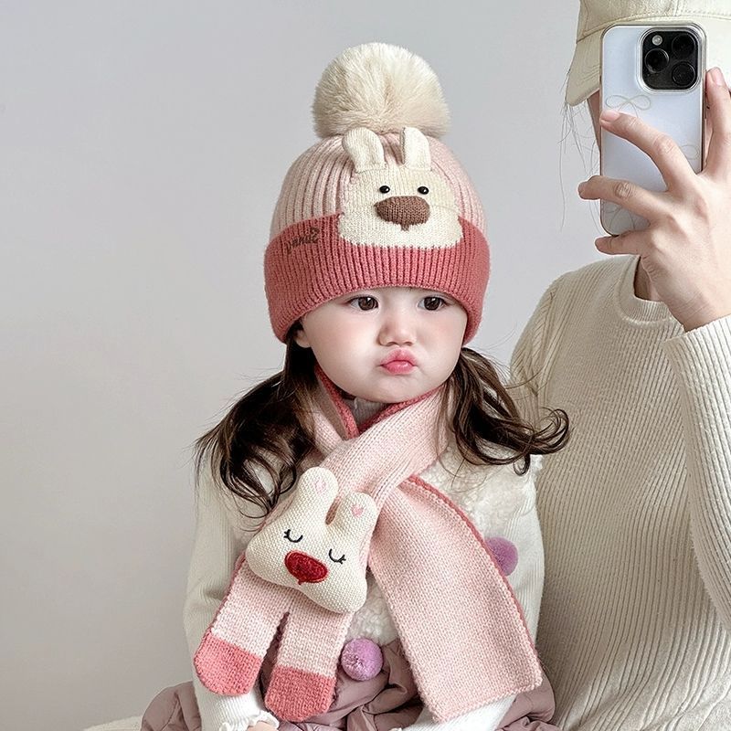 宝宝冬天保暖毛线帽子围巾套装儿童男女婴儿韩版可爱套头帽1岁2萌
