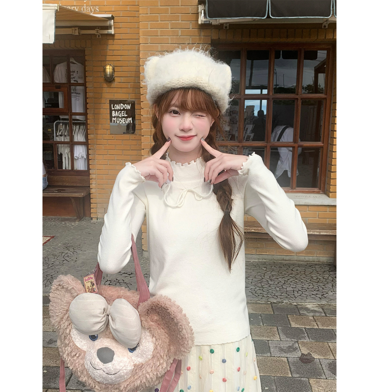 sinsingirl 白雪绵绵 冬季蝴蝶结米色百搭木耳边针织长袖打底衫