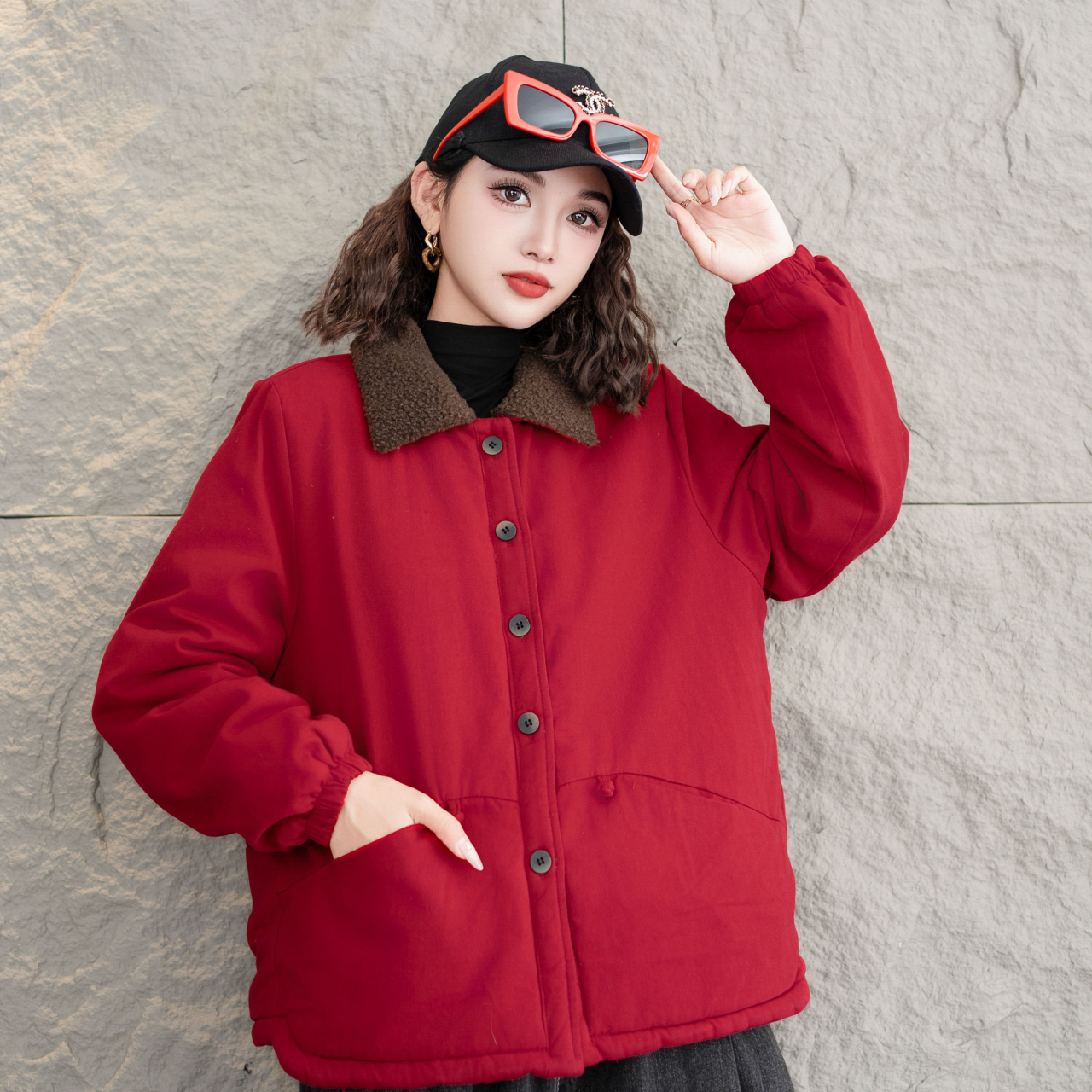 冬季新款加绒加厚时尚棉服休闲百搭保暖宽松女士棉袄